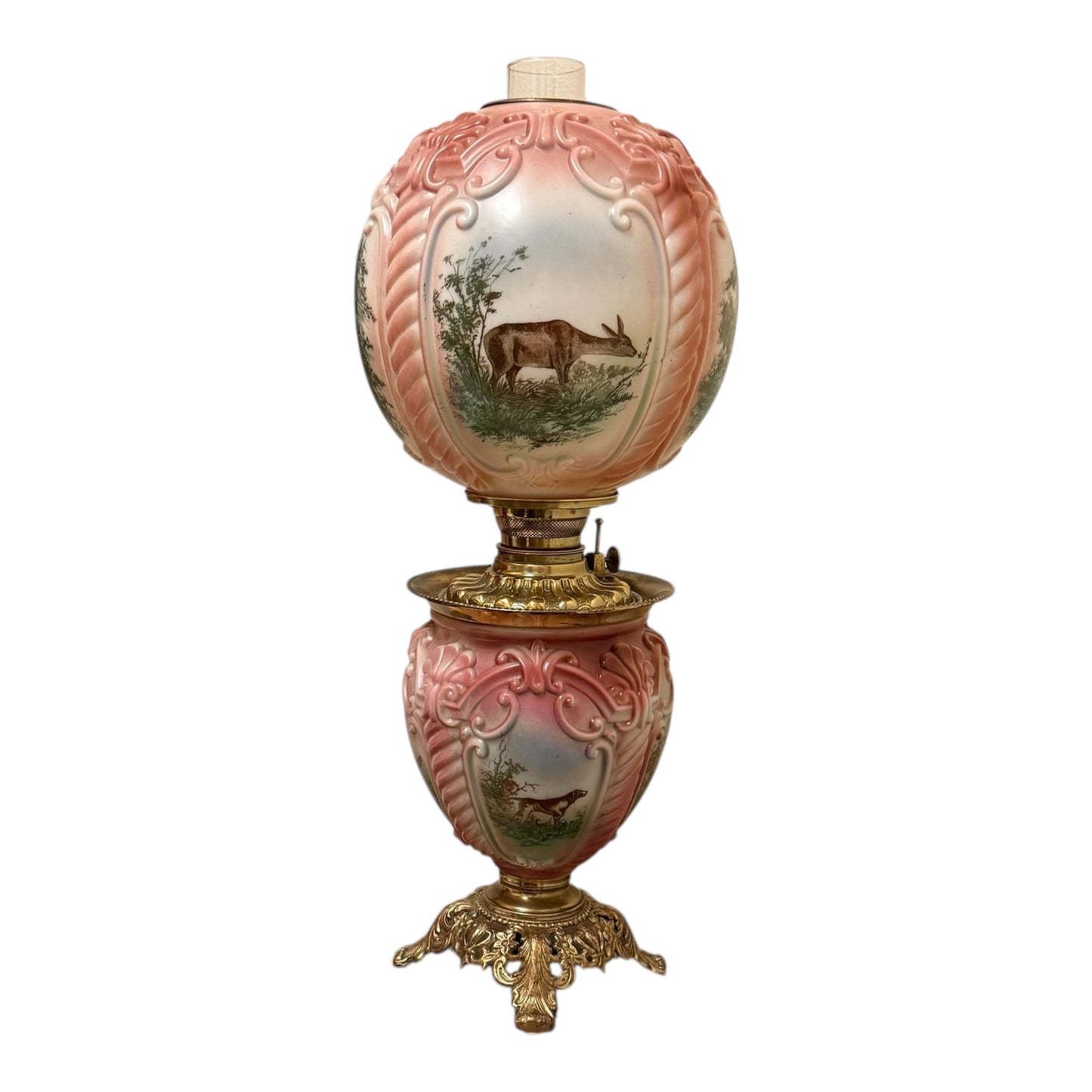 Consolidated “Stag & Dog” Chamber Lamp in Painted Opal Glass - Very Rare