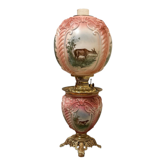 Consolidated “Stag & Dog” Chamber Lamp in Painted Opal Glass - Very Rare