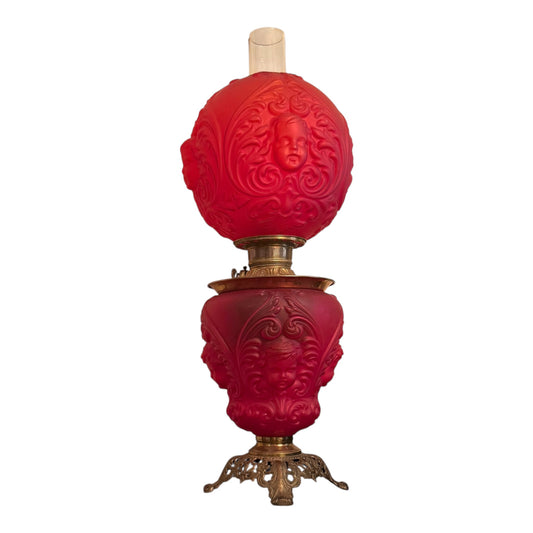 Consolidated "Cherub" or "Baby Face" Chamber Lamp in Red (Cerise) Satin Glass - Very Rare