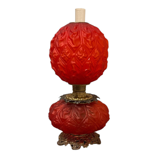 Consolidated “Diamond Drape" or "Victoria” Chamber Lamp in Red (Cerise) Satin Glass w/Squat Base - Rare