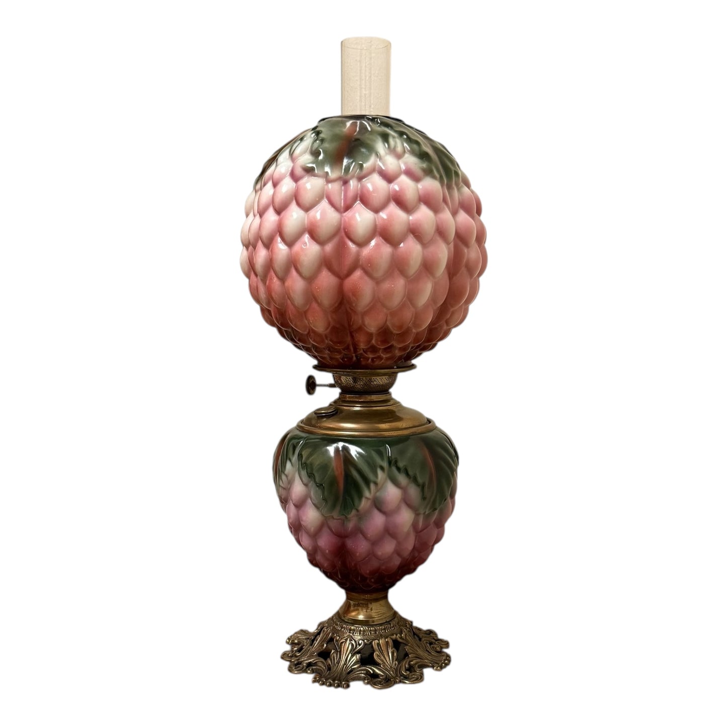 Pittsburgh “Artichoke” or "Strawberry" or "Berry" Chamber Lamp in Decorated Opal Glass - Very Rare