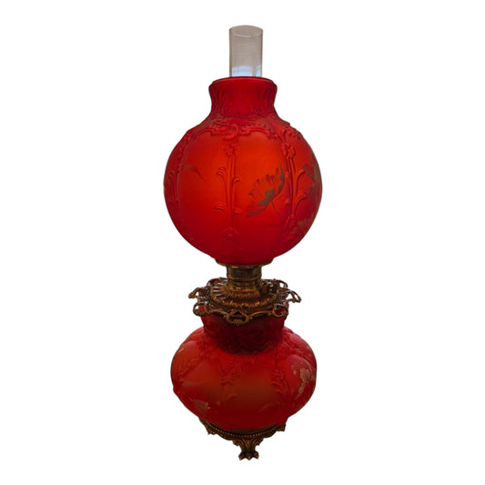 Consolidated “Astor” Chamber Lamp with Enameled Flowers in Red (Cerise) Satin Glass - Extremely Rare