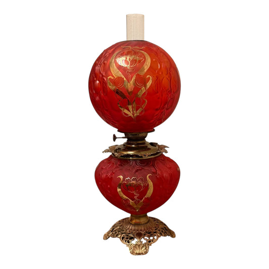 Pittsburgh “Honeycomb & Medallion” Chamber Lamp in Red Satin Glass w/Gold Enamel Accents - Very Rare