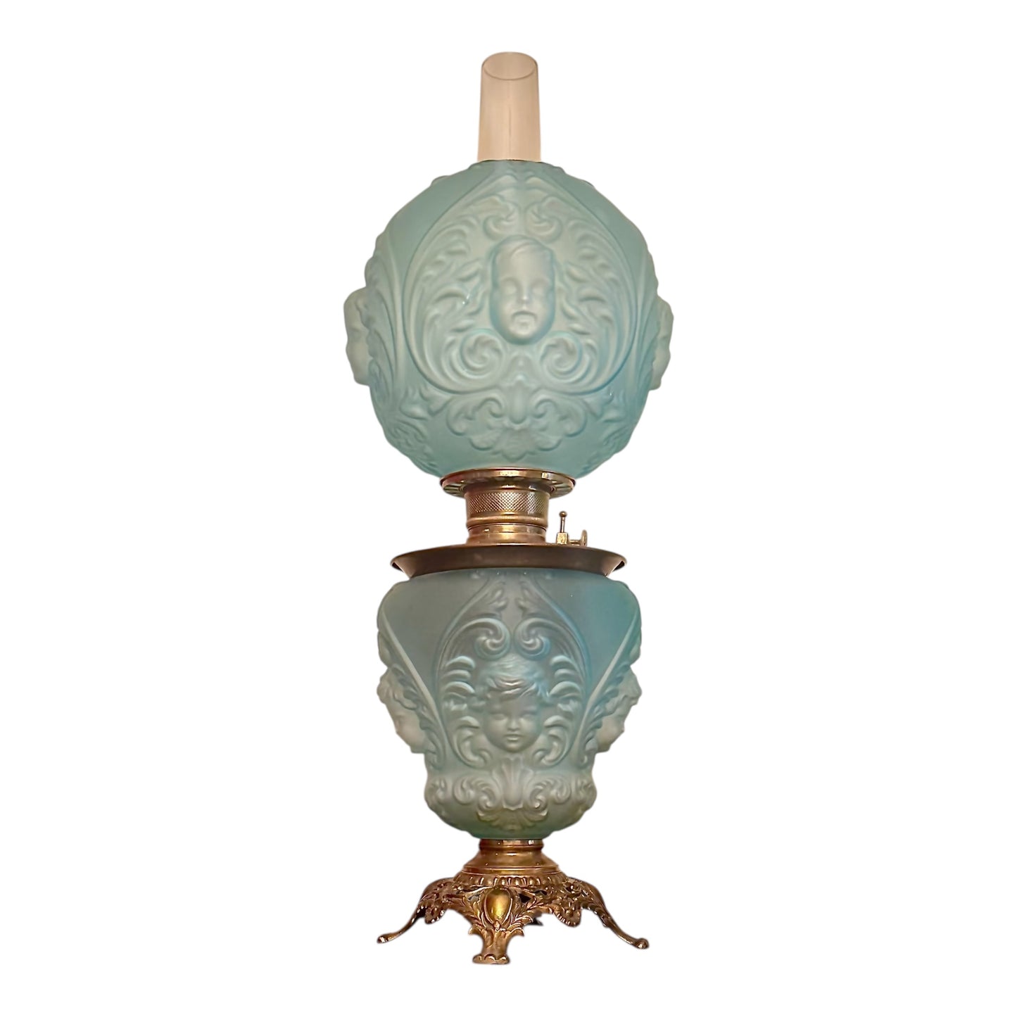 Consolidated "Cherub" or "Baby Face" Chamber Lamp in Blue Satin Glass - Very Rare