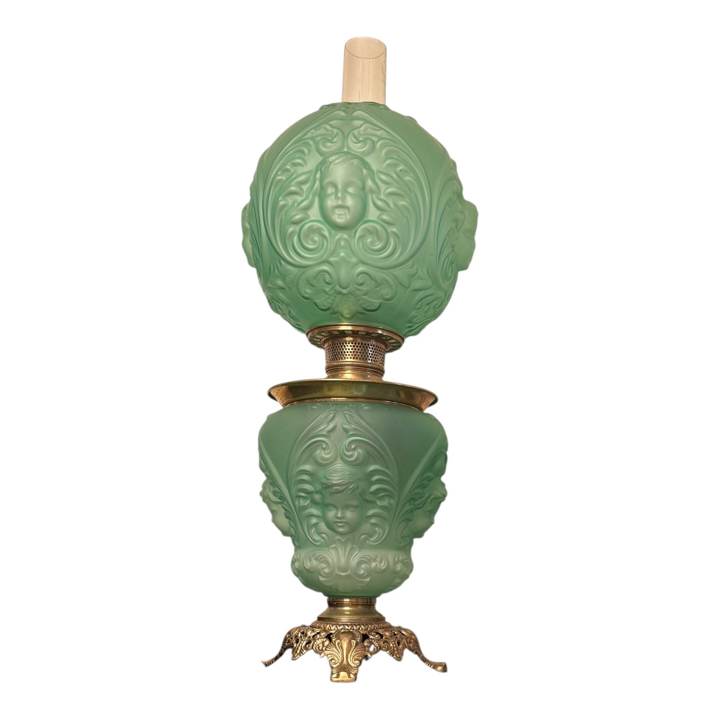 Consolidated "Cherub" or "Baby Face" Chamber Lamp in Green Satin Glass - Very Rare